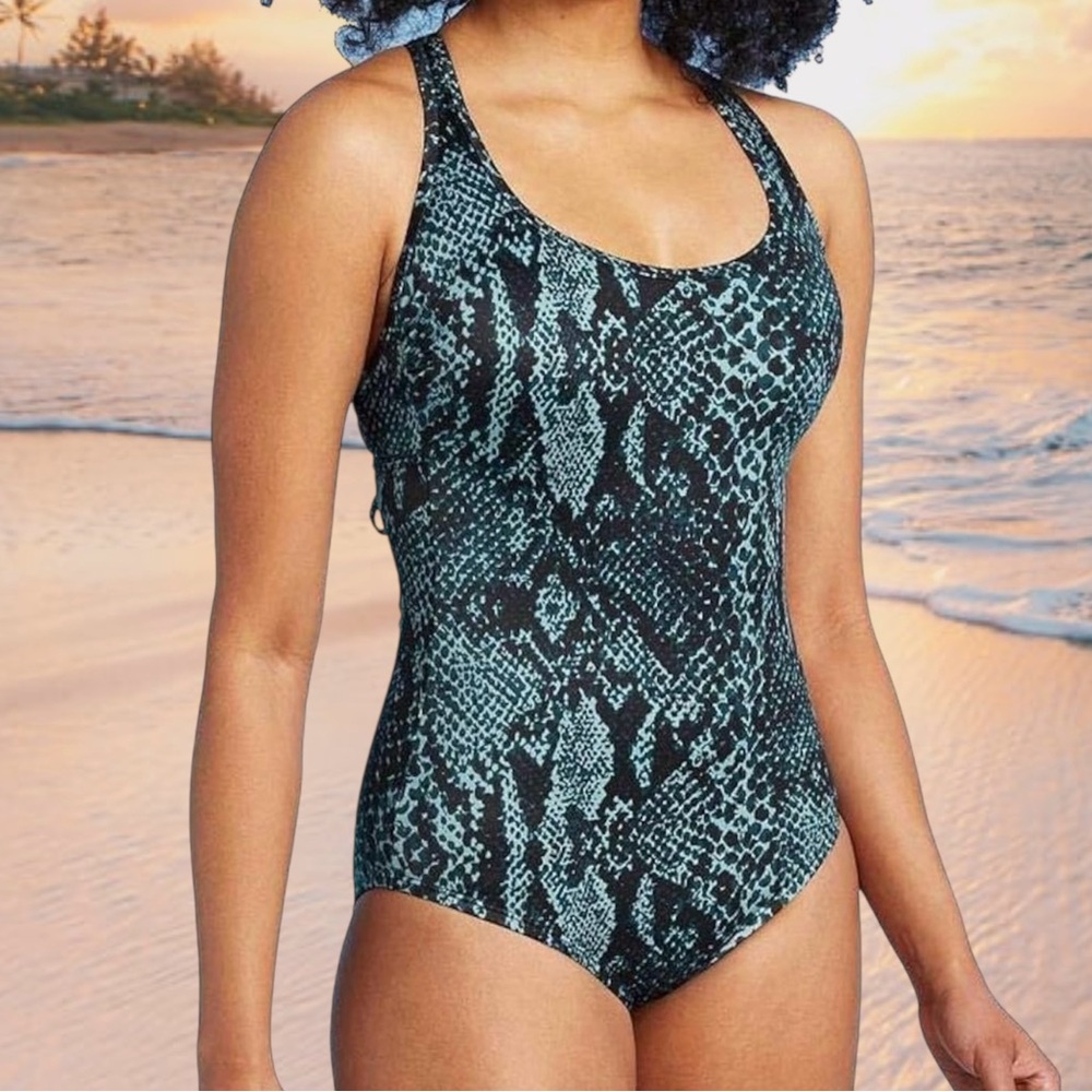 All In Motion Teal Snake Print One Piece Tie Back Swimsuit Women’s XL